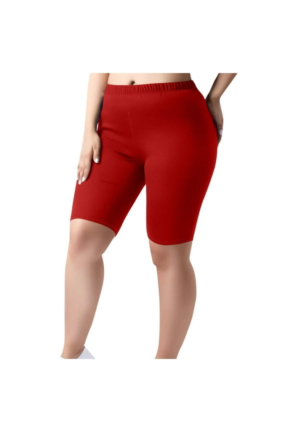 Plus Size Women's Yoga Shorts High Waist Elastic Band Workout Half Shorts with Stretch Fabric for Athletic Running(Red,3XL)