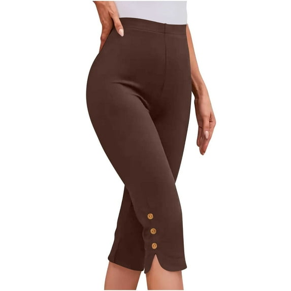 CheerKidz Pull On Capris for Women's Summer High Waisted Solid Color Slim Fitting Yoga Pants Leggings Stretch Breathable Casual Quick Drying Pants(Brown,S)