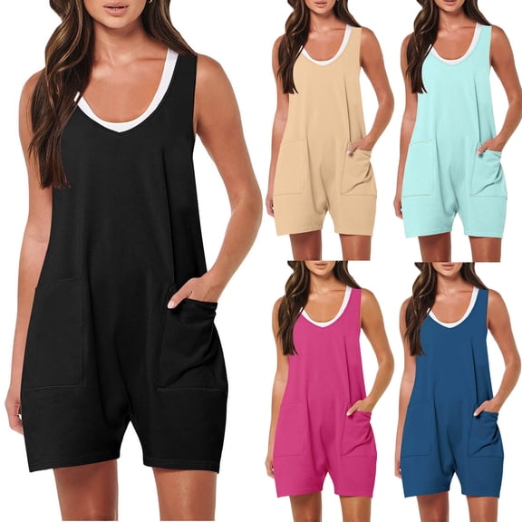 CheerKidz Rompers for Women Summer Casual Short Sleeve V-Neck Wide Leg Solid Color Shorts Jumpsuits Loose Overalls with Pockets Short Jumpsuit