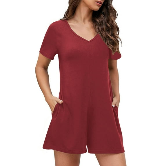 CheerKidz Rompers for Women Summer Casual Short Sleeve Short Jumpsuits V Neck Loose Fit Wide Leg Pants 1 Piece Outfits with Pockets Clothes(Red,2XL)