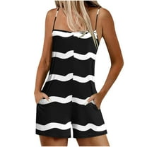CheerKidz Rompers for Women Summer Short Jumpsuits Casual Loose Fit Stripe Print Romper Comfy Wide Leg Shorts 1 Piece with Pockets(Black,L)