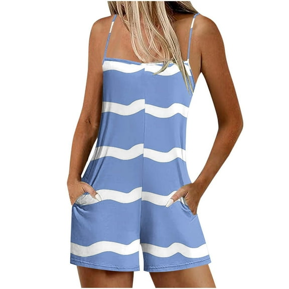 CheerKidz Rompers for Women Summer Short Jumpsuits Casual Loose Fit Stripe Print Romper Comfy Wide Leg Shorts 1 Piece with Pockets(Blue,XL)