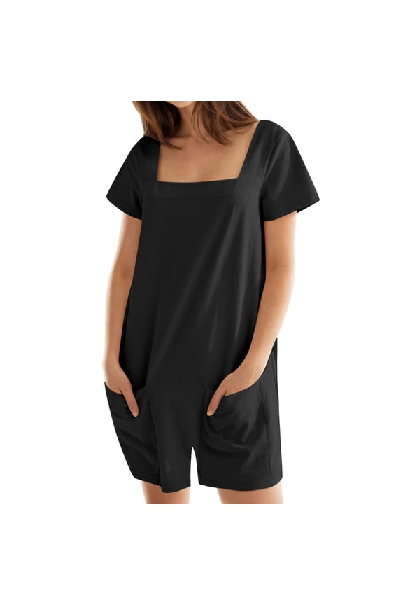 Short Jumpsuits for Women's Summer Solid Color Short Sleeved Neck Loose Fitting Double Pocket Seam Jumpsuit Casaul Shorts Outfits(Black,2XL)