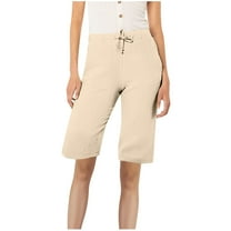 CheerKidz Shorts for Women Straight Linen Knee Length Summer Casual Long Shorts Loose High Waisted Drawstring Short Pants with Pockets(Beige,L)