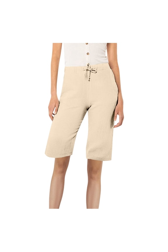 Shorts for Women Straight Linen Knee Length Summer Casual Long Shorts Loose High Waisted Drawstring Short Pants with Pockets(Beige,S)