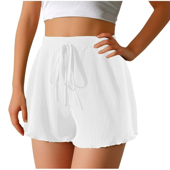 CheerKidz Shorts for Women's Summer Solid Color Ribbed Casual Drawstring Elastic Waist Sports Shorts with Pockets for Running Workout Athletic(White,XL)