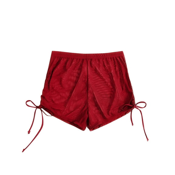 CheerKidz Shorts for Summer Women's Summer Solid Color Four Corner Transparent Mesh Drawstring Beach Shorts Drawstring Short Pants(Red,XS)