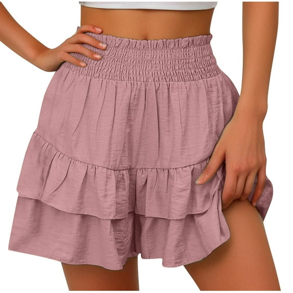 CheerKidz Shorts for Women Summer Beach Cotton High Waist Ruffle Shorts Casual Layered Floral Pleated Hem Workout Short Pants(Pink,XXL)