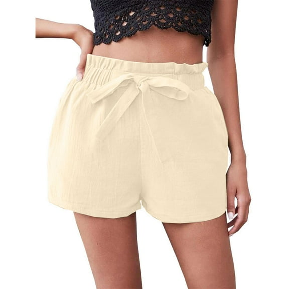 CheerKidz Shorts for Women's Linen Summer Loose Casual And Comfortable Bow Elastic Waist Straight Lightweight Wide Leg Shorts(Khaki,XL)