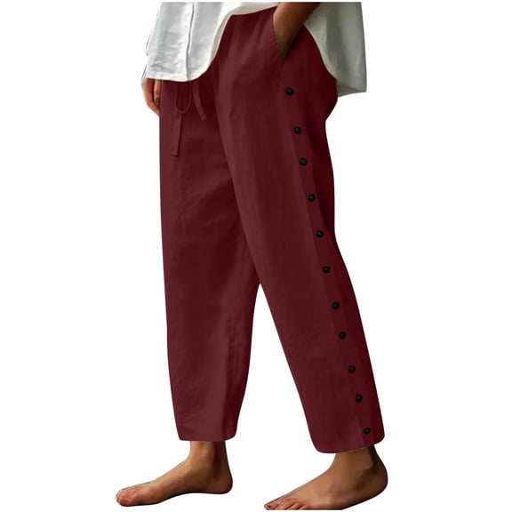CheerKidz Solid Color Linen Pants Women Fashion Side Bottom Elastic Waist Capris Lightweight Summer Beach Trousers with Pockets(Wine,S)