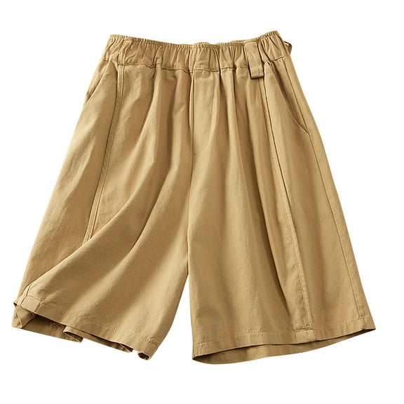 CheerKidz Solid Color Shorts for Women High Waisted Dressy Casual Pleated Wide Leg Summer Shorts with Elastic Waist Loose Short Pants(Khaki,L)
