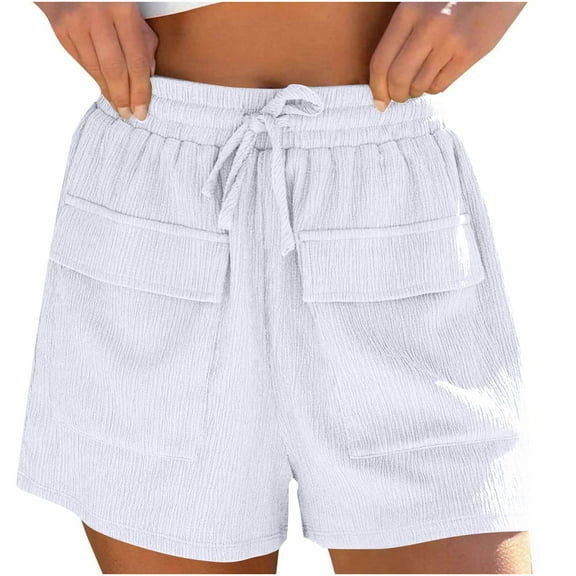 CheerKidz Stretchy Cargo Shorts for Summer Fashion Women Solid Color Casual Elastic High Waist Workout Shorts Causal with Pockets(White,2XL)