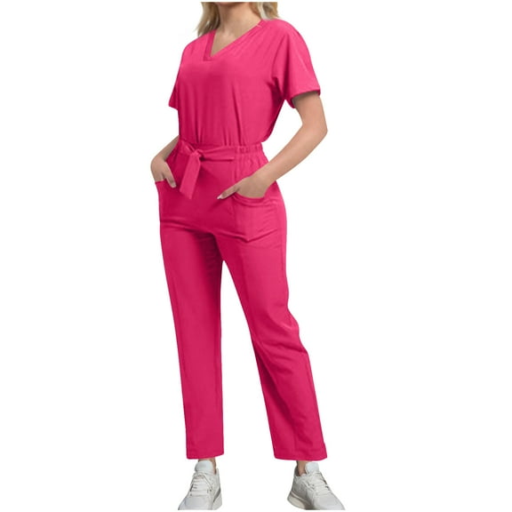 CheerKidz Suit Set for Women's Short Sleeve Modern V-neck Top Straight Leg Jogger Pants with Drawstring Nursing Uniforms Set with Pockets(Hot Pink,M)