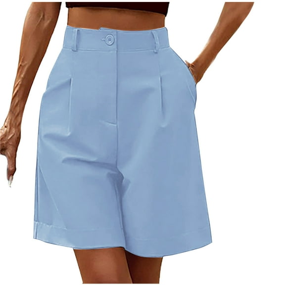 CheerKidz Summer Shorts for Women's Wide Leg Shorts Elastic High Waisted Pleated Casual Loose Pocket Shorts for Camping Travel(Light Blue,M)