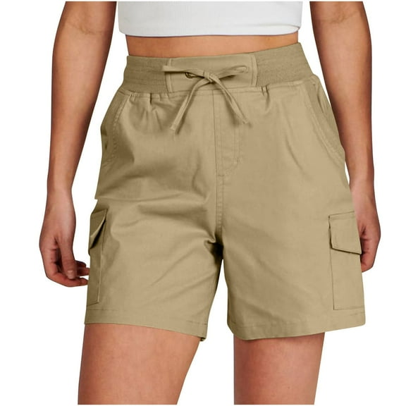 CheerKidz Summer Shorts for Women's Solid Color Fashionable and Comfortable Workwear Pocket Short Pants Casual Wide Leg Drawstring Shorts(Khaki,2XL)