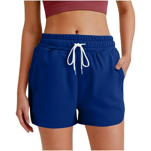 CheerKidz Women's Elastic Waistband Casual Shorts Solid Color Drawstring Side Pocket Shorts Running Shorts for Daily Wear(Blue,XL)