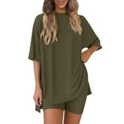 IROINNID Two Piece Sets for Womens Plus Size 2 Piece Home Sets Round Neck Oversized T Shirts Biker Shorts Workout Matching Summer Outfits(Army Green,L)