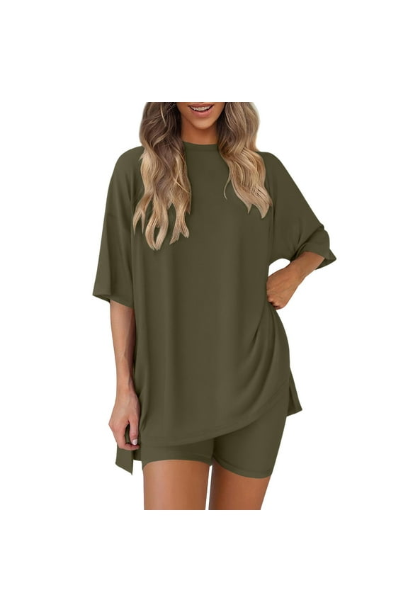 Two Piece Sets for Womens Plus Size 2 Piece Home Sets Round Neck Oversized T Shirts Biker Shorts Workout Matching Summer Outfits(Army Green,L)