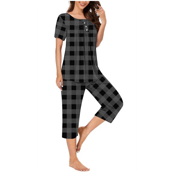 CheerKidz Women Casual Short Sleeve Round Neck Tops with Straight Leg Pants Loose Plaid Nightwear Soft Pajama Set 2 Piece Outfits Comfy Home Sets(Black,S)