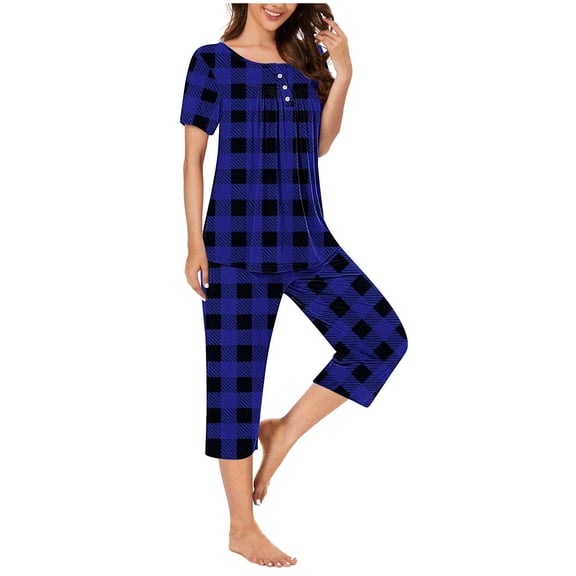 CheerKidz Women Casual Short Sleeve Round Neck Tops with Straight Leg Pants Loose Plaid Nightwear Soft Pajama Set 2 Piece Outfits Comfy Lounge Sets(Blue,L)
