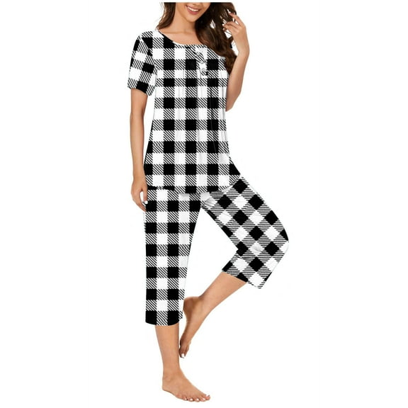 CheerKidz Women Casual Short Sleeve Round Neck Tops with Straight Leg Pants Loose Plaid Nightwear Soft Pajama Set 2 Piece Outfits Comfy Lounge Sets(White,2XL)