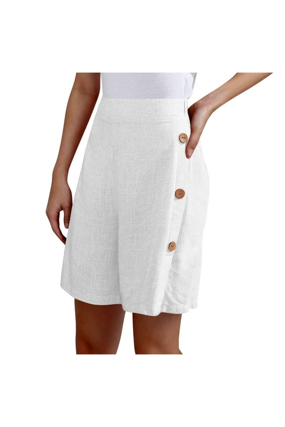 Women Casual Shorts Side Buttons Comfy Elastic Waist Shorts Summer Pull On Short Pants with Pockets Five Quarter Pants(White,M)