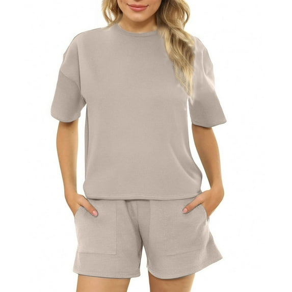 CheerKidz Women's 2 Piece Short Sets Summer Lounge Sets Casual Oversized Beach Vacation Matching Sets Travel Outfits Clothes with Pockets(Khaki#1,S)