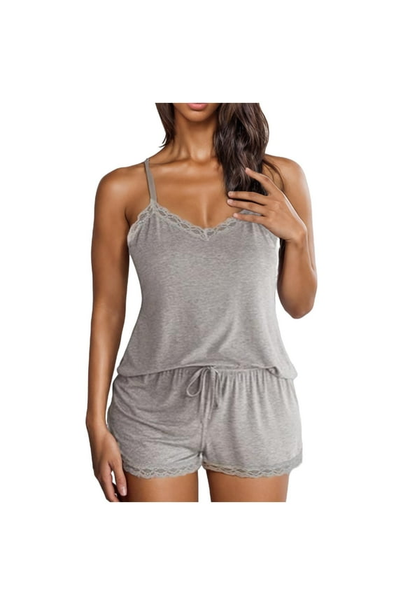 Women's 2 Piece Short Sets Summer Solid Color Home Sets Tops Beach Vacation Matching Sets Sleeveless Travel Home Outfits(Gray,M)
