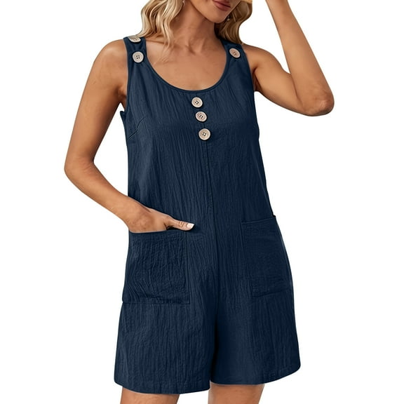 CheerKidz Women's Summer Casual Sleeveless Rompers Loose Spaghetti Strap Short Jumpsuits Overalls with Pockets Crewneck Casual Outfits(Navy#1,S)