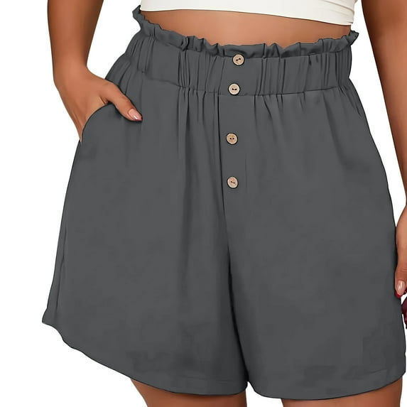 CheerKidz Women's 2025 Summer Shorts High Waist Solid Color Elegant Short Pants with Button Straight Wide Leg Business Casual Trousers(Dark Gray,XL)