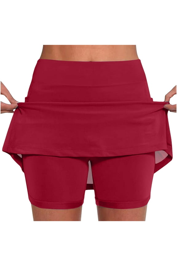 Women's Athletic Shorts 2 in 1 Solid Skirt Pants Mid Waist Stretchy Bottom Gym Workout Running Yoga Quick Dry Shorts(Red,S)