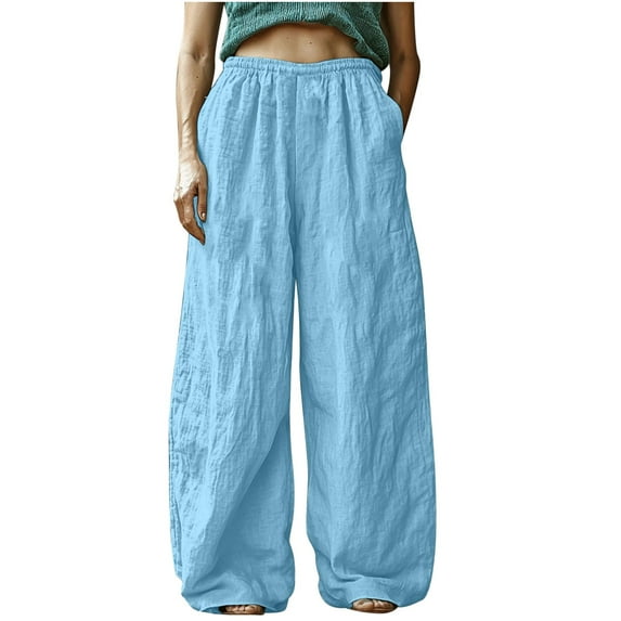CheerKidz Women's Bohemian Solid Color Print Casual Pants Solid Cotton Linen Elastic Waist Wide Leg Trousers with Side Pockets Loose Fit for Spring Summer(Blue,XL)