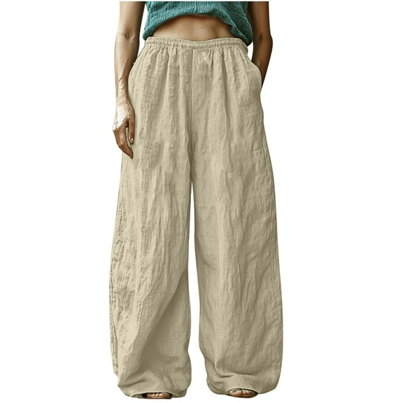 IROINNID Women's Bohemian Solid Color Print Casual Pants Solid Cotton Linen Elastic Waist Wide Leg Trousers with Side Pockets Loose Fit for Spring Summer(Khaki,M)