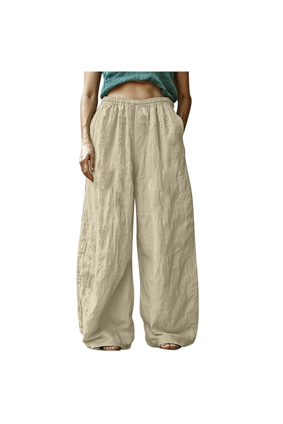 IROINNID Women's Bohemian Solid Color Print Casual Pants Solid Cotton Linen Elastic Waist Wide Leg Trousers with Side Pockets Loose Fit for Spring Summer(Khaki,M)