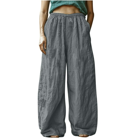 CheerKidz Women's Bohemian Solid Color Print Casual Pants Solid Cotton Linen Elastic Waist Wide Leg Trousers with Side Pockets Loose Fit for Spring Summer(Gray,L)