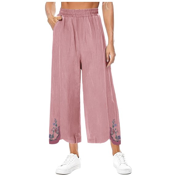 CheerKidz Women's Casual Cotton Linen Floral Print Palazzo Pants Wide Leg Flowy Loose Fit Loose Pants Casual Summer Elastic Waist Leggings with Pockets(Pink,S)