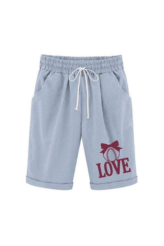 Women's Casual Letter Printed Elastic Waist Drawstring Shorts with Pockets Comfortable and Functional for All-Day Wear(Light Blue,XXL)
