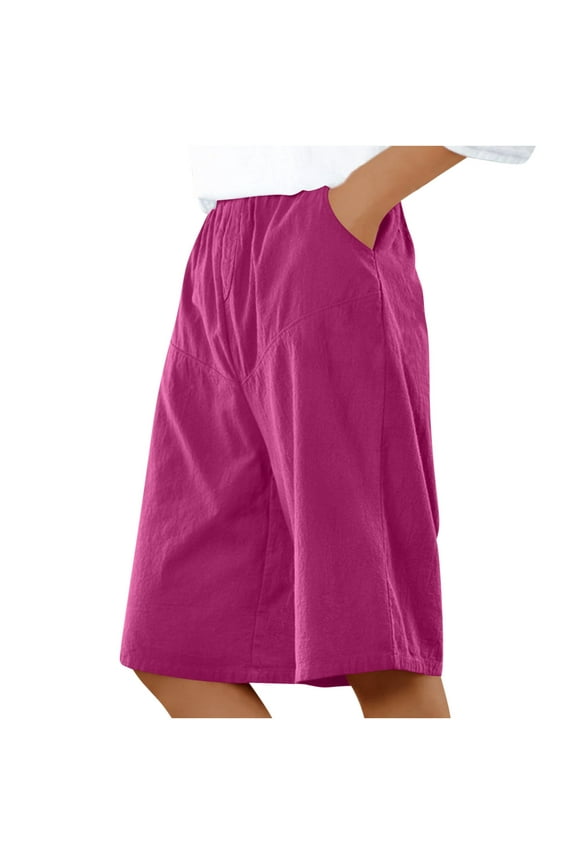 Women's Cotton Linen Five-Quarter Pants Elastic Waist Drawstring Casual Capris with Pocket for Spring Summer(Hot Pink,M)