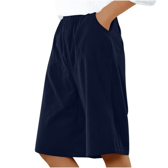 CheerKidz Women's Cotton Linen Five-Quarter Pants Elastic Waist Drawstring Casual Capris with Pocket for Spring Summer(Navy#1,L)