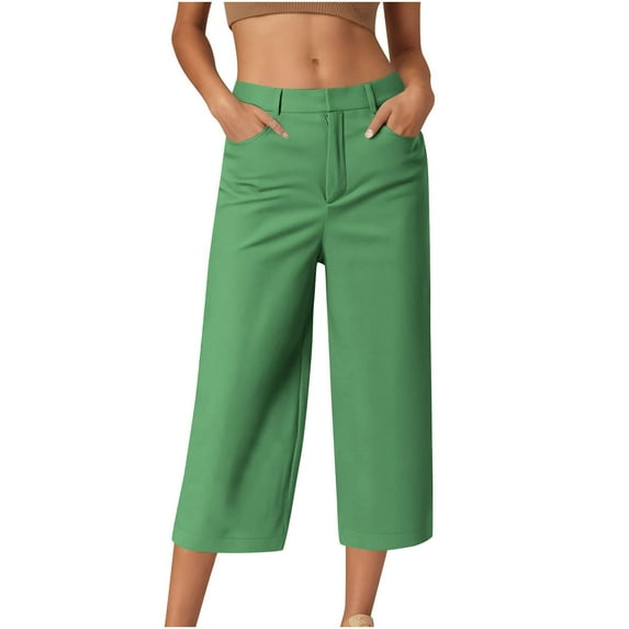 CheerKidz Women's Cropped Capris with Pockets Loose Fit Solid Color Casual Loose Pants Breathable Spring Summer Short Trousers(Green,L)