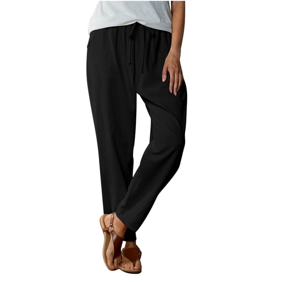CheerKidz Women's Drawstring Waist Long Pants Cotton Linen Solid Color Casual Pants with Pockets Loose Fit Breathable Summer Work Pants(Black,M)