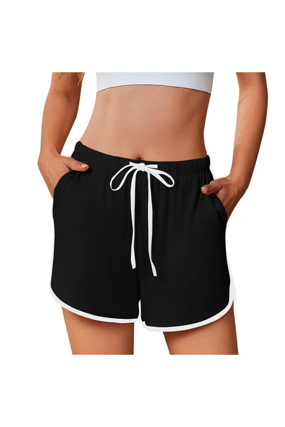 Women's Elastic Waist Casual Shorts with Side Pockets Solid Color Stretch Summer Fashion Athletic Wear(Black,2XL)