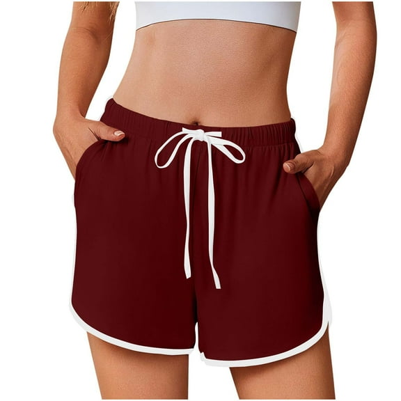 CheerKidz Women's Elastic Waist Casual Shorts with Side Pockets Solid Color Stretch Summer Fashion Athletic Wear(Wine,M)