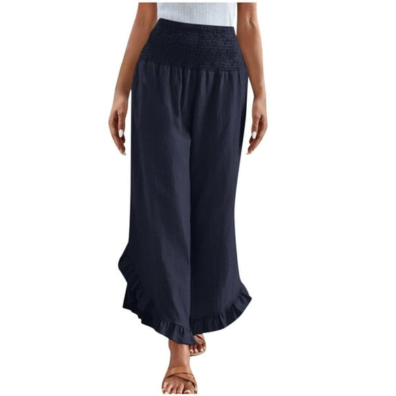 CheerKidz Women's Elegant Ruffle Hem Pants High Waist Elastic Waist Solid Color Long Trousers Flowy Wide Leg Casual Dress Pants for Summer(Navy,L)