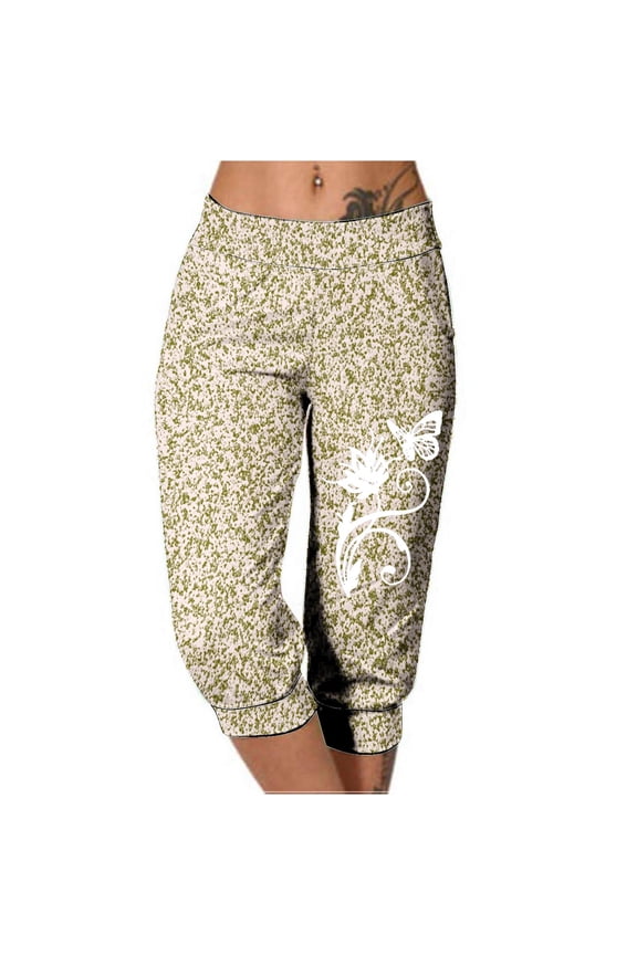 Women's Fashion Elastic Waist Capri Pants Summer Loose Yoga Pants Comfy Workout Cropprd Pants with Pockets Yoga Leggings(Khaki#1,L)