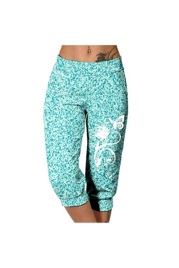 Women's Fashion Elastic Waist Capri Pants Summer Loose Yoga Pants Comfy Workout Cropprd Pants with Pockets Yoga Leggings(Light Blue#1,S)