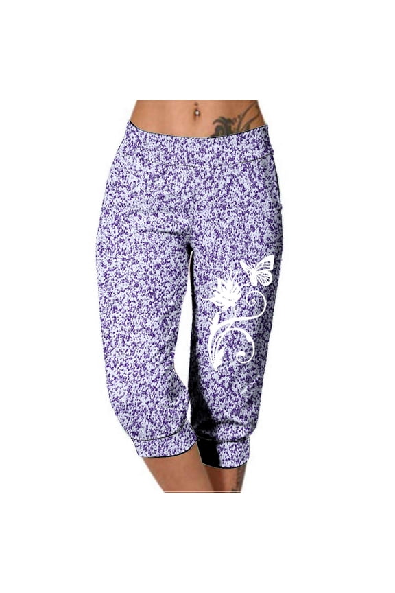 Women's Fashion Elastic Waist Capri Pants Summer Loose Yoga Pants Comfy Workout Cropprd Pants with Pockets Yoga Leggings(Purple#1,S)