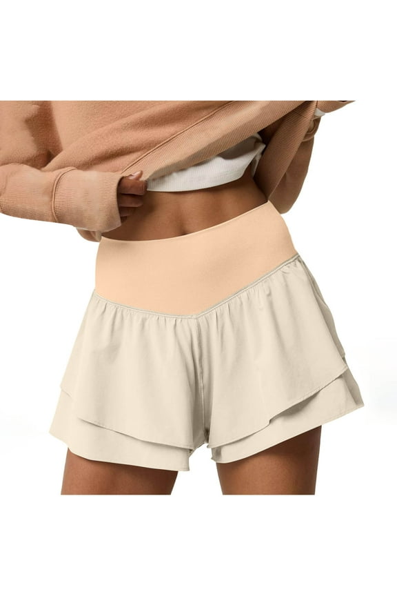 Women's Fashion Flounce Hem Casual Shorts Solid Color Fold Detail Summer Elastic Waist Comfort Shorts(Beige,2XL)