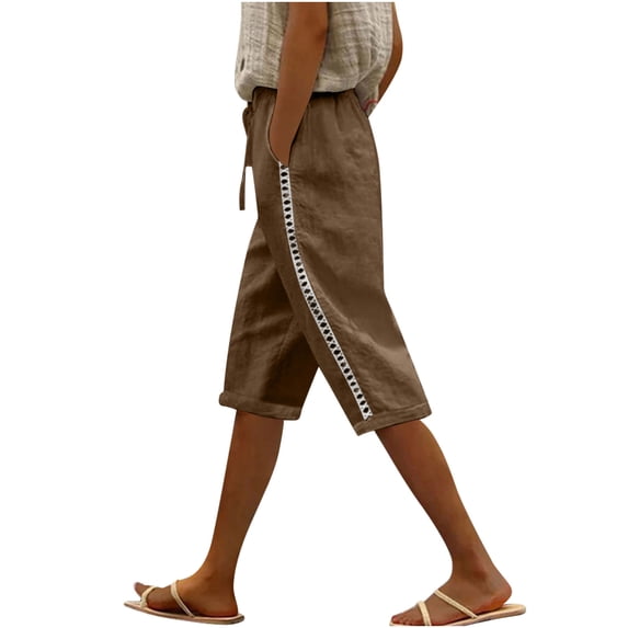 CheerKidz Women's Fashion Half Shorts Pants Summer Elastic Waist Buttons Casual Linen Pockets Pants for Walking Running Casual(Brown,XXL)