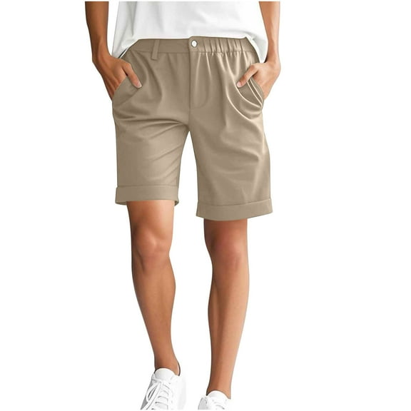 CheerKidz Women's High Waist Work Shorts Summer Solid Color Casual Shorts with Pockets Elastic Waist Office Shorts Summer Travel Pants(Khaki,L)